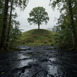 forest flooded with black sludge, solitary tree on large hill kept safe. ultra realistic. digital art trending on artstation