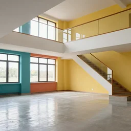 colour 3 5 mm, big open floor, stairway, architectural digest, wide shot, highly reflective light