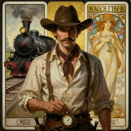 a dramatic ethereal epic symmetrical painting of a suspicious handsome mustachioed cowboy | his shirt is ripped open and he has a pocketwatch | background is a locomotive railroad railway steamtrain | tarot card, art deco, art nouveau, steampunk, homoerotic | by Mark Maggiori, by Alphonse Mucha | trending on artstation