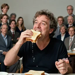 Slavoj Zizek trying to eat a sandwich but it keeps disintegrating into both saliva and ideology before it gets to his mouth wearing a black t-shirt v-neck Dom Qwek igor wolski greg simpkins kirbi fagan alex heywood greg rutkowski john howe sergi brosa dave melvin sam nielson anthony sieben thomas duchek andree wallin adam adamowicz piotr kowalski bobby chiu jared nickerson jake souva marc sarmel goro fujita