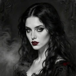 highly detailed oil painting | very intricate | cinematic lighting | black, white and blood color scheme, dark background | portrait of a exquisite beautiful vampire girl winona ryder with long elegant tangles of black hair, eyes, gothic fog ambience, hyper realistic head, fantasy victorian art, in the style of greg rutkowski, zdizslaw beksinski, intricate, alphonse mucha