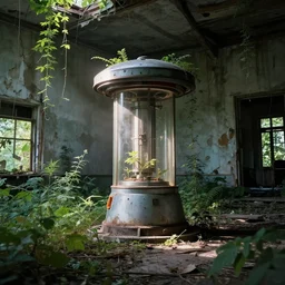 teleportation machine in an abandoned city, forgotten and overgrown with plants, light shining from the machine by anton otto fischer