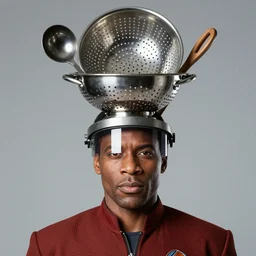 geordi laforge wearing visor and a colander and random kitchen tools on his head, single image