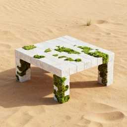 table made of rectangle tetris, made of white and moss, octane render, trending on artstation, on hard desert sand floor