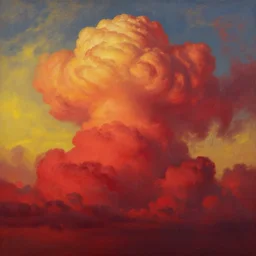 massive cumulonimbus clouds crimson with yellow at sunset, in the style of a surreal and sublime masterpiece of oil fresco painting on canvas by great masters, stunning and inspiring details, unreal engine, 4 k, matte finish