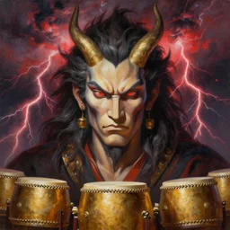 raijin with golden drums. strong storm with red fractal lightnings in the background. realistic, highly detailed, oil painting in a modern style, very detailed and symmetrical face, painted by greg rutkowski, sachin teng, thomas kindkade, tony sandoval, norman rockwelll