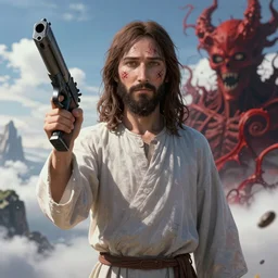 jesus in an anime style between heaven and hell holding a gun with scratches on there face, highly detailed -4
