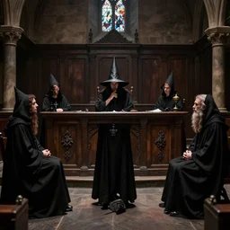 a group of inquisitor's judging a witch in a court room