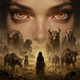 epic professional digital art of hungry eyes, ambient tan light, painted, mysterious, cinematic prairie terrifying animals scene, person person, eerie, mythic, detailed, intricate, grand, leesha hannigan, wayne haag, reyna rochin, ignacio fernandez rios, mark ryden, van herpen, artstation, cgsociety, stunning, gorgeous, pixiv epic