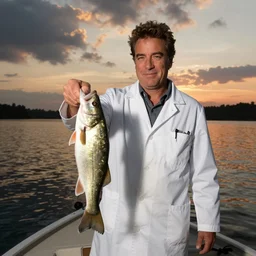 ray romano as a scientist holding a fish on a boat in a lake during sunset, excellent composition, dramatic lighting