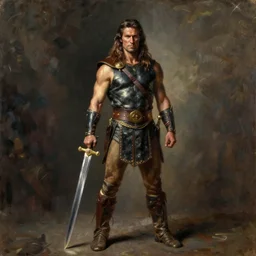 a full body portrait of Conan the barbarian holding a sword, oil painting by william bouguereau, hd, sharp focus,