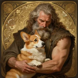 portrait of a old, ruggedly handsome bearded man cuddling a corgi dog, soft hair, muscular, half body, cloth, d & d, fantasy, intricate, elegant, highly detailed, digital painting, artstation, concept art, smooth, sharp focus, illustration, art by artgerm and greg rutkowski and alphonse mucha