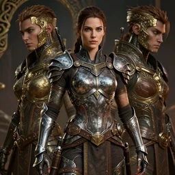 hyper realistic glorious ancient celtic lara croft in a obsidian metal armor, futuristic design, designed by makoto kobayashi and luca zampriolo, portrait, cyberpunk style, wood and gold details, intricate, extremely detailed, ornate, deep of field, hard surface, exoskeleton, substance designer metal
