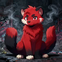 subject [ furry _ fandom _ fursona _ original _ character ( red - black, anthropomorphic _ humanoid _ furry, weasel - ferret - stoat ) ], background ( dark _ smokiness ), artistic _ medium [ graffiti ]