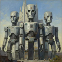 three brutalist giant sacred robots visage, portrait, cathedral, dystopian, pj crook, edward hopper, oil on canvas