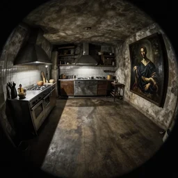 volumetric shadows, volumetric lighting, black goya painting, el greco, antoni gaudi, fisheye, curved perspective, naive, extra narrow, by rhads, an underground kitchen with large floor