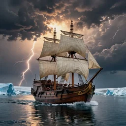 close up of a large pirate ship sailing on a glacial lake, landscape photography by marc adamus, dramatic lighting, thunder, dramatic,