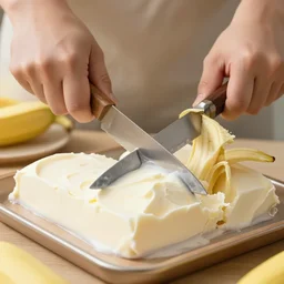 a banana is holding a knife and chopping ice cream into rectangles