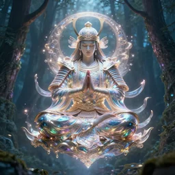 magical samurai floating meditating in enchanted forest, digital art, surreal, beautiful, detailed, highly detailed, intricate, powerful warrior, glowing, prismatic, pearlescent, portrait, detailed, realism, classical