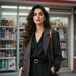 a portrait of a stylish woman standing in front of a convenience store by Ismail Inceoglu