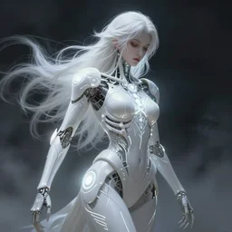 a beautiful white haired android with bone armor, glowing light orbs, intricate concept art, elegant, highly detailed, digital painting, smooth, sharp focus, illuminated lines, outrun, vaporware, illuminated runes, dark smoky background, cyberpunk darksynth, ethereal, ominous, misty, 8 k, by ruan jia and wadim kashin and alphonse mucha