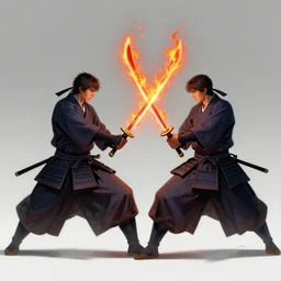 Two samurais with flaming swords fighting, 8k, concept art, elegant