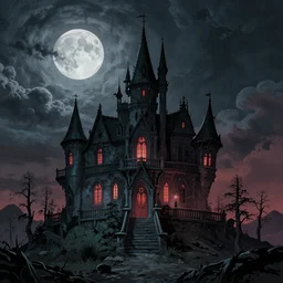 A vampire mansion on a hill, a moon is visible on the sky, in the style of Hachmyta and greg rutkowski and thomas kinkade, suspense, thrilling, detailed, epic, trending on artstation