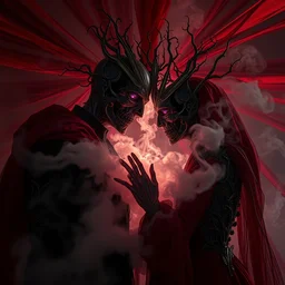 necromancer wedding from hell, by tom bagshaw and greg rutkowski, red fabric, fiber amethyst weaving into strands of smoke and brass and iron metal filigree joining into carbon fiber strands, fractal shapes, white explosions, dramatic lighting, ultra detail, close up, dof, smooth render, cinematic, octane render, art nouveau, fine art