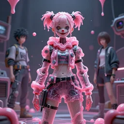 wide view cyberpunk clown girl made of pink slime, wearing cyberpunk intricate streetwear, transparent, behance hd artstation by jesper ejsing by rhads, makoto shinkai and lois van baarle, ilya kuvshinov, ossdraws, cinematic lighting, sharp focus, surreal concept art, lifelike, ray tracing, photorealistic