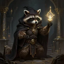 anthropomorphic hooded necromancer raccoon casting a spell in a dungeon, deep focus, d & d, fantasy, intricate, elegant, highly detailed, digital painting, artstation, concept art, matte, sharp focus, illustration, hearthstone, art by artgerm and greg rutkowski and alphonse mucha