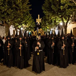 A Holy Week procession of souls in a Spanish village at night. There are many trees. A figure at the front holds a cross, trending on artstation, highly detailed, 50mm, by El Greco, Remedios Varo y Salvador Dali.