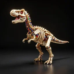 Simple funny mechanic bionic dinosaur skeleton dissection sculpture made from rollercoaster, with colorfull jellybeans organs, cables, wires and tubes, by david lachapelle, by angus mckie, by rhads, in a dark empty black studio hollow, c4d, at night, rimlight, rimight, rimlight