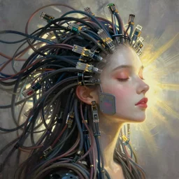 beautiful pure evil adult lain with hundreds of network cables, neatly coming out of her head, a part of her face panel is showing, she is in pure bliss, chaos, bizarre, strange, portrait, painting