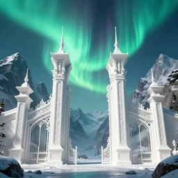 a very detailed concept art of intricate and well designed white gates to epic mountains, infused with aurora borealis by greg rutkowski, dynamic lighting trending on artstation, symmetry, digital art, 4 k, hyper realistic, octane render, sharp focus