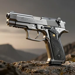 futuristic sig sauer p226 made of brushed metal, chrome and carbon, intricate gold linings