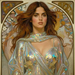 salma hayek, iridescent scaled skin, refraction and reflections, translucent, shawl, robes, scarf, artstation, painting by alphonse mucha and bouguereau and ruan jia and conrad roset,