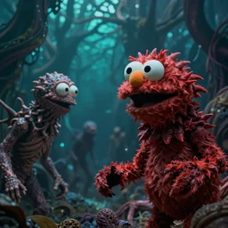 elmo in the abyss staring at a clone, eldritch insanity, 4 k