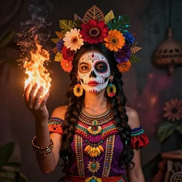 A beautiful Mexican goddess. She represents death and fertility. She appears as the Fire Goddess, and a young beautiful Indigenous Mexican woman. Lowbrow, pop surrealism art style, alebrijes aesthetic, contemporary art illustration, photography by Steven Curry, ultra real 8k photography