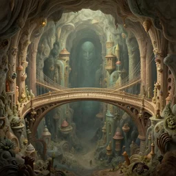 beguiling epic stunning beautiful insanely detailed matte painting of a bridge through underground dream worlds designed by heironymous bosch, structures inspired by heironymous bosch's garden of earthly delights, surreal ice interiors by cyril rolando and asher durand and natalie shau, whimsical, intricate