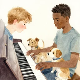 a white person and a black person near the piano keyboard with two dogs water colors