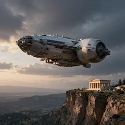A large space craft hovering next to a cliff, gloomy skies, dawn, artwork by Stefan Kopinski and  Guillem H. Pongiluppi, greek setting, photo realistic, volumetric lighting, HDR, 4k, high detail