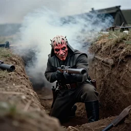 smoke,!!! colored photography, tilt shift wwi a darth maul over a dug out trench, dramatic light, zdzidaw, ultrafine, hyperrealistic, 3 2 k, 3 5 mm film still, movie