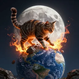 a moon made of cats crashing into the earth with fire, fur, and rock. featured on artstation. incredible details. landscape. digital art.