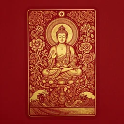 Dark red paper with intricate designs,tarot card ,a mandelbulb fractal southeast asian buddha statue,full of golden layers, flowers, cloud, vines, mushrooms, swirles, curves, wave,by Hokusai and Mike Mignola, trending on artstation,elaborate dark red ink illustration