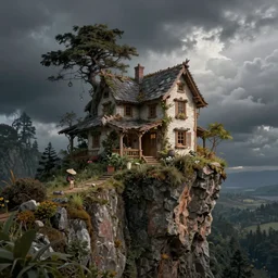 a beautiful house made of chaos and mystery on a cliff edge by julie heffernan, artstation, artgerm, tom kidd