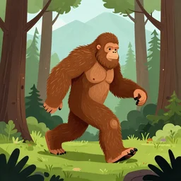 an ultra realistic illustration of Bigfoot running through the woods, surrounded by trees, mountains in background, smooth and clean digital line art