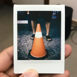 polaroid photo of cone with human legs, bokeh