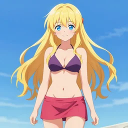 a very beautiful anime cute girl, full body, long wavy blond hair, sky blue eyes, full round face, short smile, bikini, miniskirt, front view, medium shot, mid-shot, highly detailed, cinematic wallpaper by Stanley Artgerm Lau
