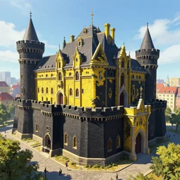 A digital concept art painting of a black and yellow renacentis fantasy european castle with black brick in a city renacentis, sunny day, 4K UHD image, unreal engine, Graphic Novel, Visual Novel, professional lighting,deviantart,artstation