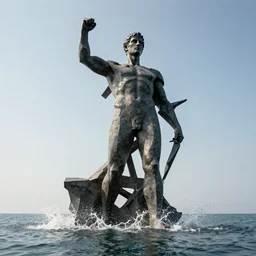 a giant abstract sculpture of a legendary greek warrior god on the water, in the style of antony gormley, award winning, cinematic, hyper - realistic, very detailed, realistic water splashes, ray tracing, 8 k resolution, long - shot, sharp focus, low angle, 8 5 mm photograph, wide lens